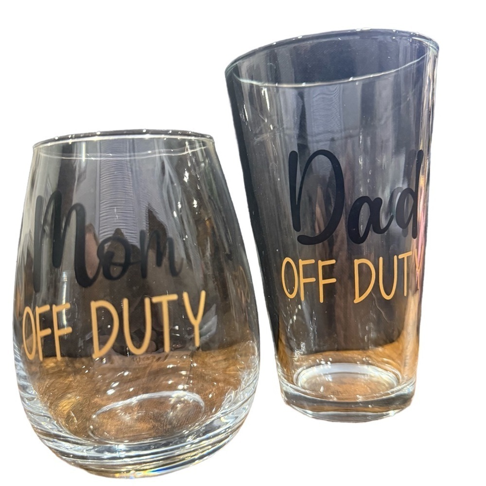 Mom and Dad Off Duty Glass Set Wine & Beer Perfect Gift!